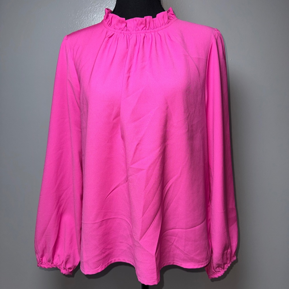 JCrew Womens Ruffle Mock Neck Blouse Hot Pink Long Sleeve Keyhole Top Size M